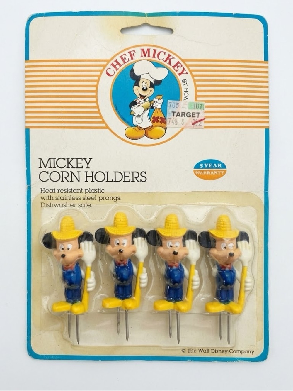 Disney Chef Mickey Mouse Corn Cob Holders 1980's Vintage 4 Pieces NOS NEW #18120